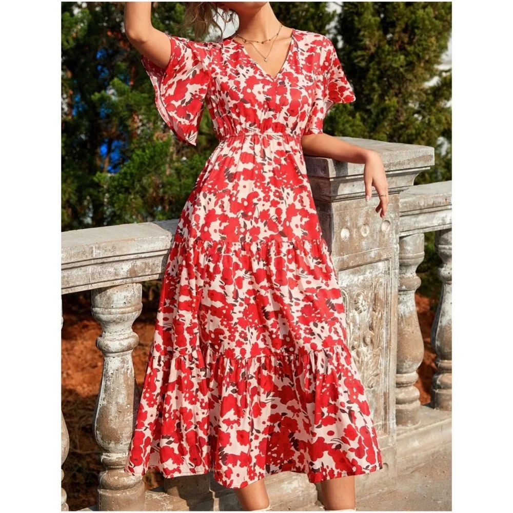 Bohemian Red Floral Print Butterfly Sleeve Maxi Dress - Picture 1 of 6